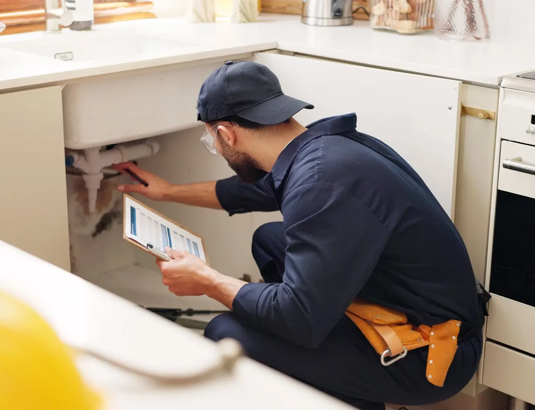 Technician inspecting under-sink plumbing